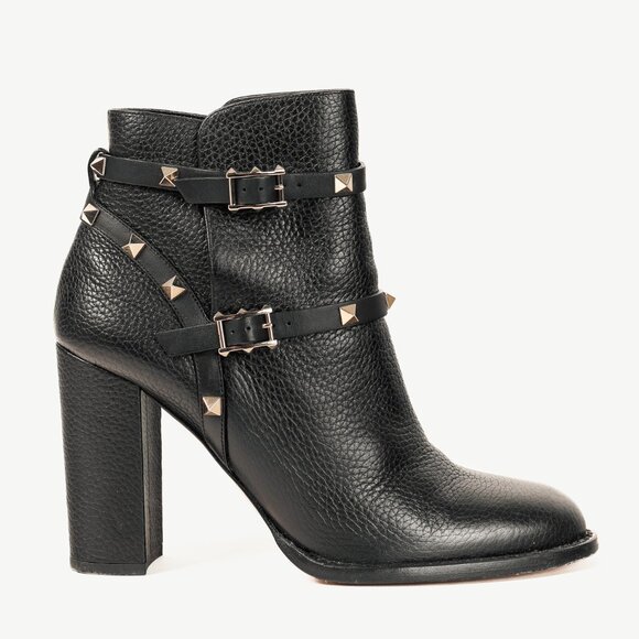 Valentino Garavani Rockstud Pebbled Leather Black Ankle Boots - Picture 1 of 11